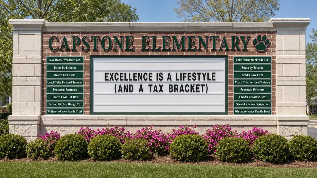 The Capstone Elementary sign reading Excellence Is a Lifestyle (and a Tax Bracket), surrounded by sponsor plaques